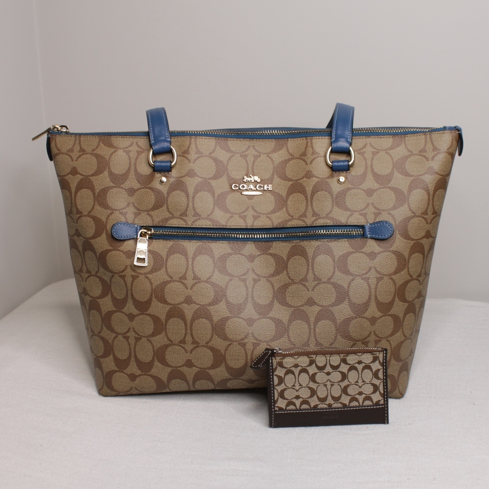Coach Brown and Blue Gallery Tote Bag with Coin Purse